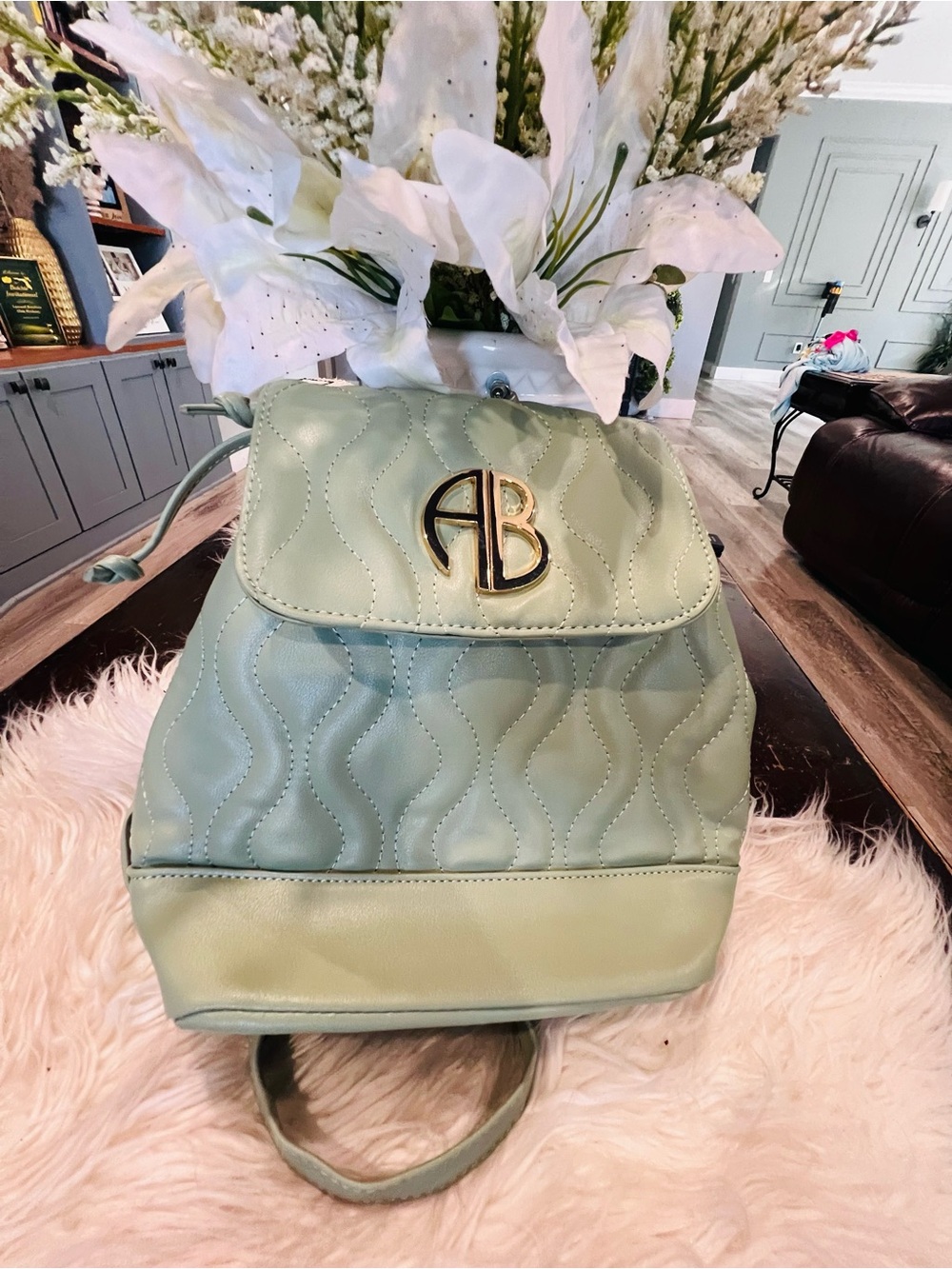 AB Quilted Mint Green Backpack with Gold AB Emblem